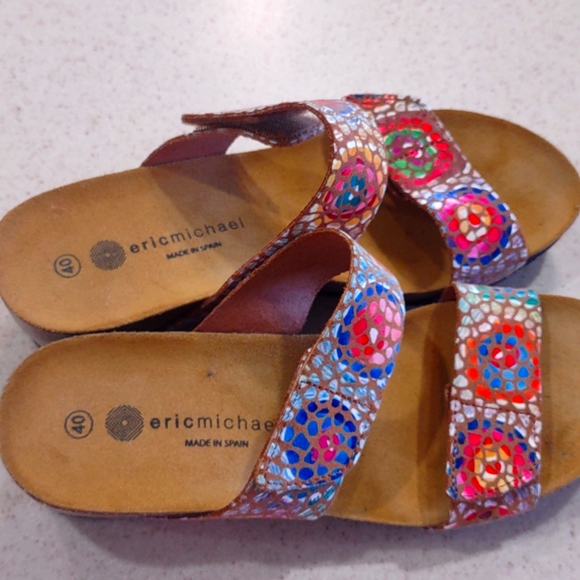 Eric Michael Liat Tan Mosaic Leather Wedge Dual Strap Slide Sandal Size 40/9 EUC - Picture 10 of 10